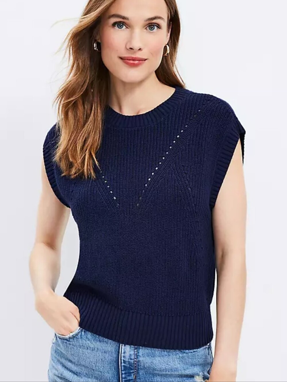 LOFT New Navy Blue Pointelle Ribbed Sweater Vest Top SZ Large  Preppy Nautical